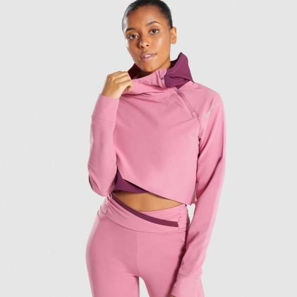 Gymshark Asymmetric Performance Hoodie Cropped Jacket - Dusty Pink/Dark Ruby - M - Picture 1 of 16
